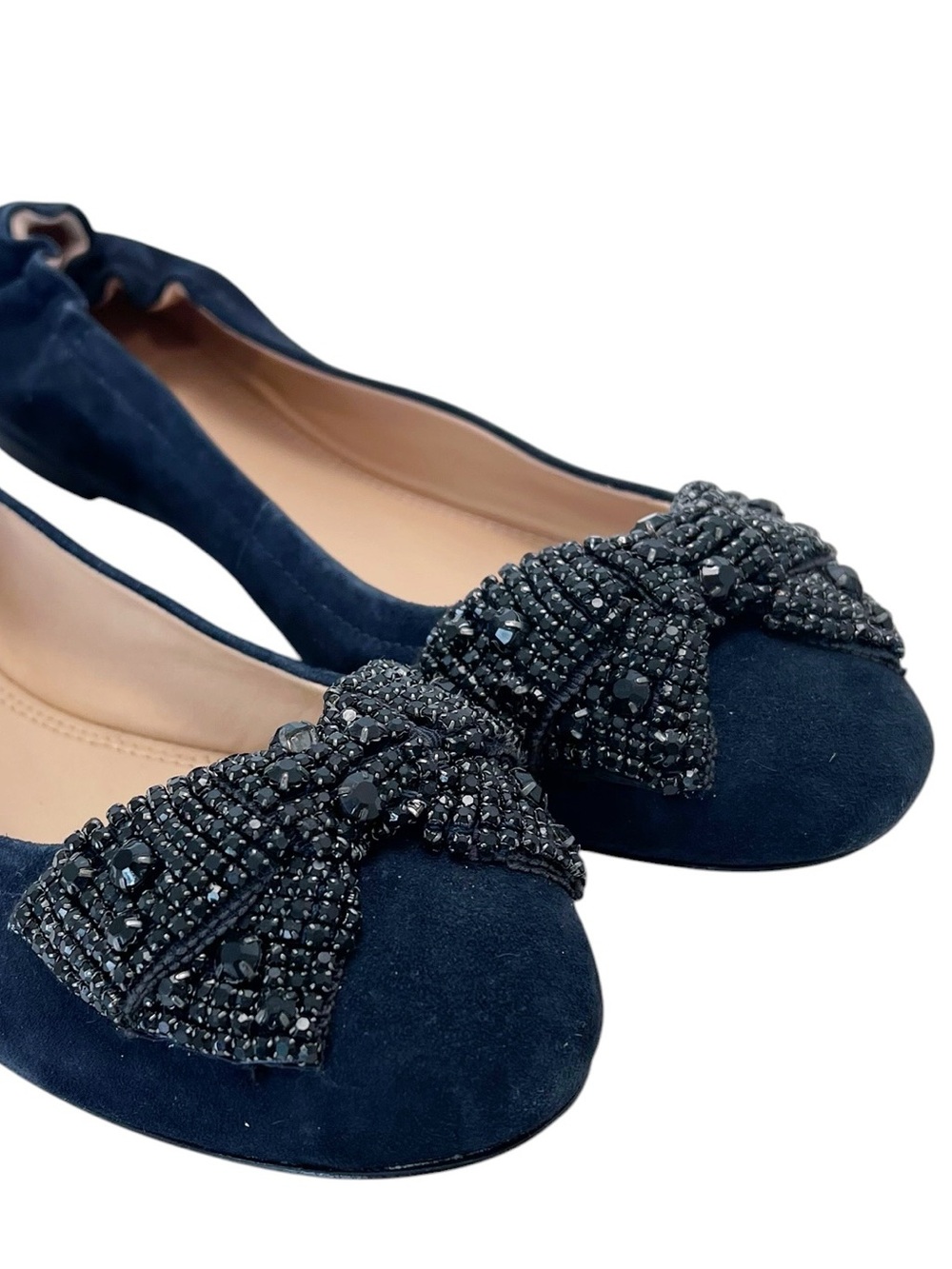 Tory Burch Sz 10 Bonneville Navy Suede Ballet Flats with Beaded Bow Round Toe - Picture 7 of 7